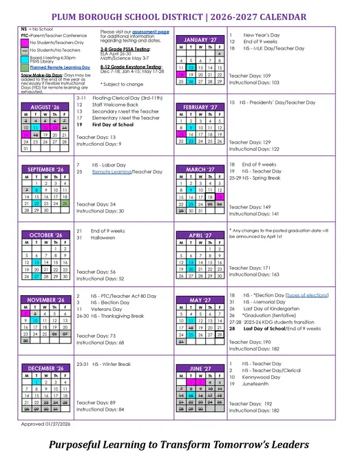 Plum Borough School District 2026–2027 Academic Calendar Page 1