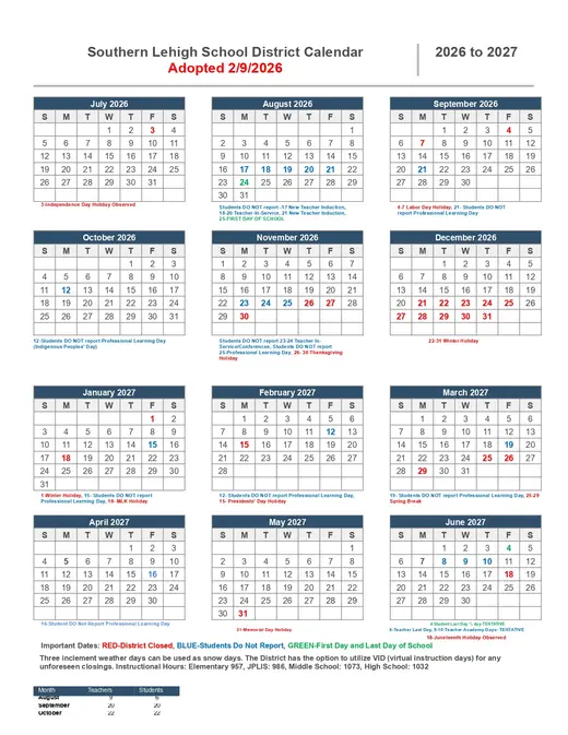 Plum Borough School District 2026–2027 Academic Calendar Page 2
