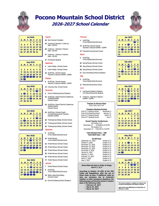 Pocono Mountain School District 2026–2027 Academic Calendar