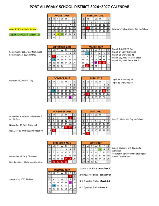 Port Allegany School District 2026–2027 Academic Calendar Page 1