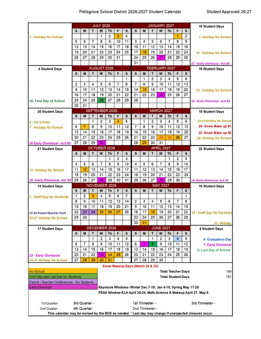 Pottsgrove School District 2026–2027 Academic Calendar Page 2