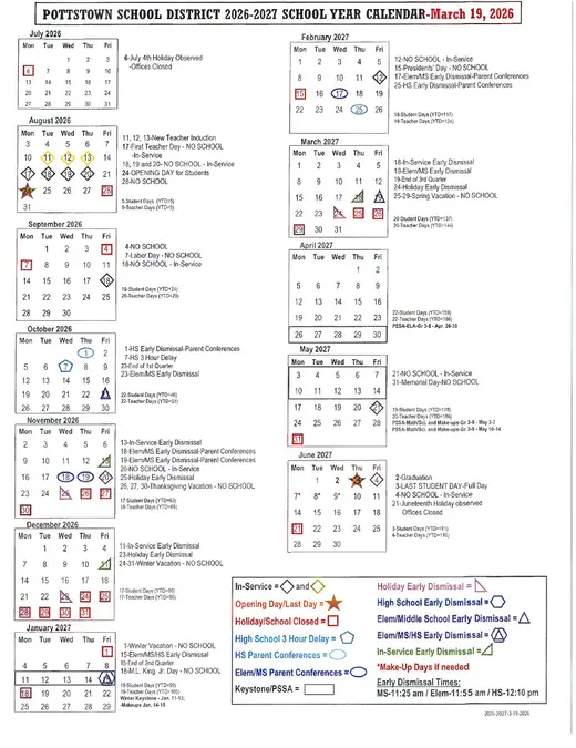 Pottstown School District 2026–2027 Academic Calendar Page 2