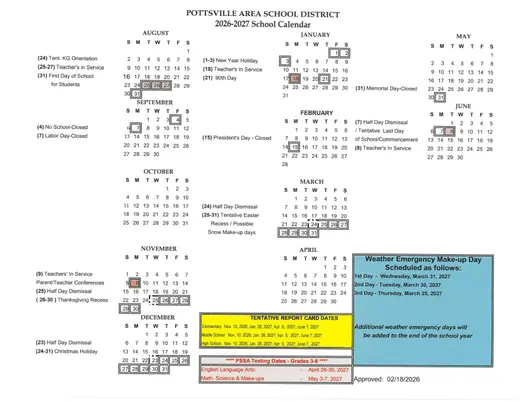 Pottsville Area School District 2026–2027 Academic Calendar