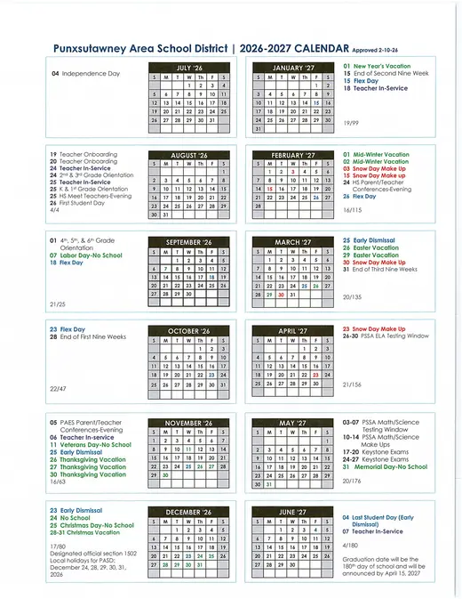 Punxsutawney Area School District 2026–2027 Academic Calendar Page 1