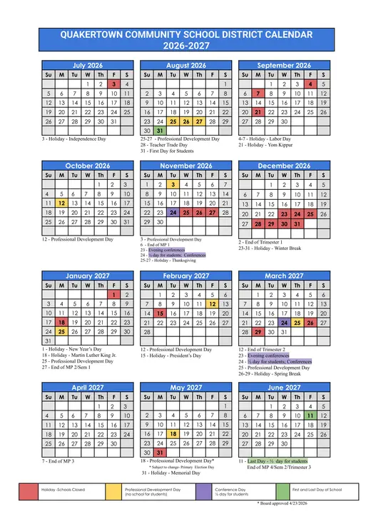 Quakertown Community School District 2026–2027 Academic Calendar Page 1