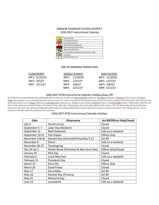Radnor Township School District 2026–2027 Academic Calendar Page 1