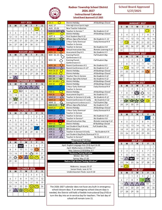 Radnor Township School District 2026–2027 Academic Calendar Page 2