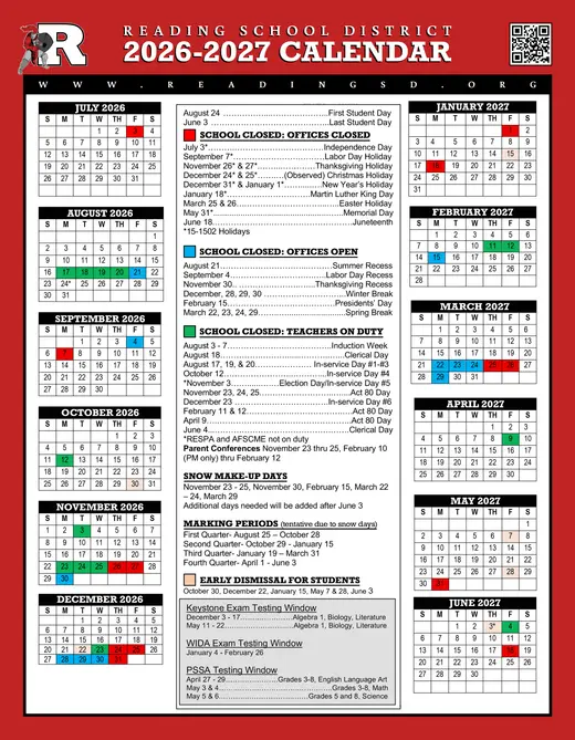 Reading School District 2026–2027 Academic Calendar Page 1