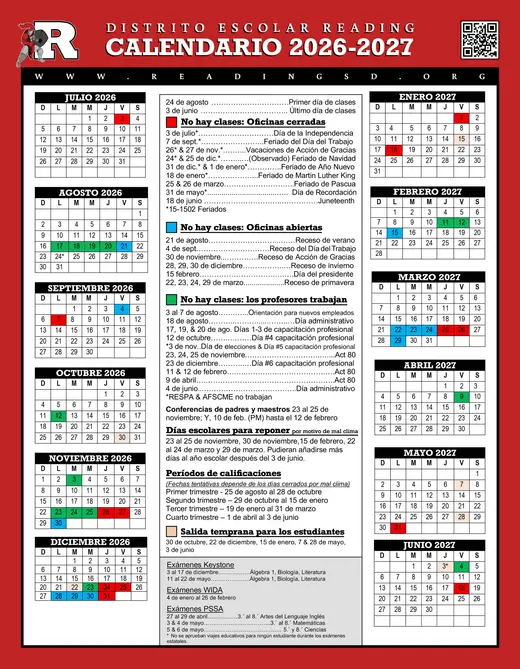 Reading School District 2026–2027 Academic Calendar Page 2