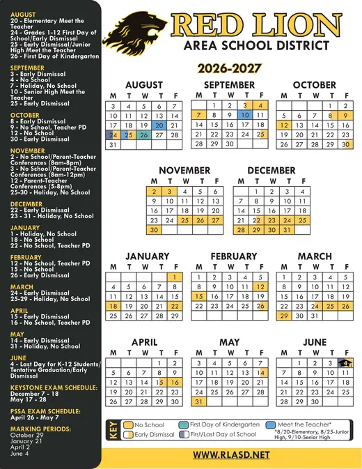 Red Lion Area School District 2026–2027 Academic Calendar