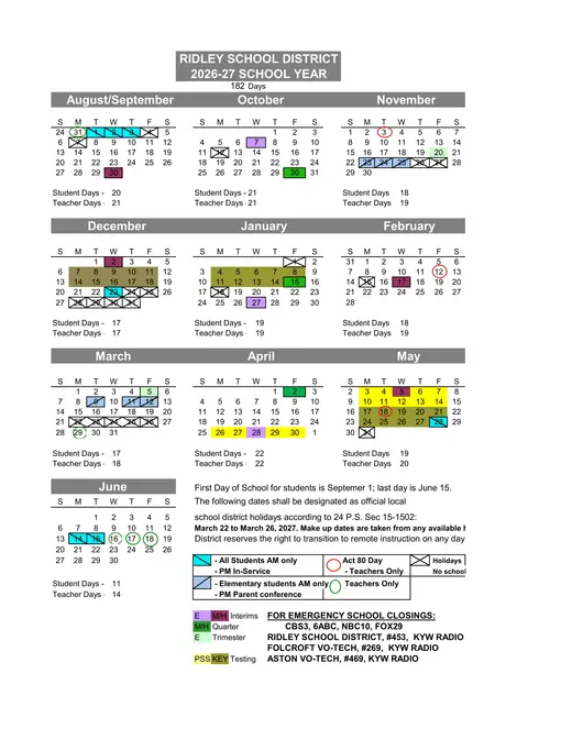 Ridley School District 2026–2027 Academic Calendar