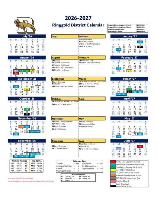 Ringgold District 2026–2027 Academic Calendar Page 1
