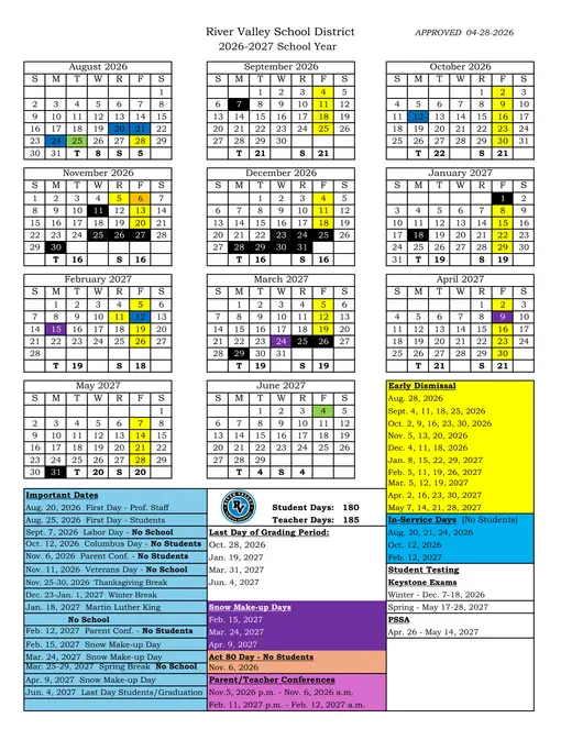 River Valley School District 2026–2027 Academic Calendar