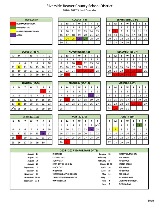 Riverside Beaver County School District 2026–2027 Academic Calendar Page 1