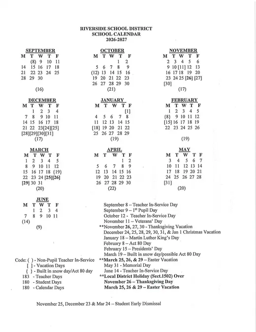 Riverside School District 2026–2027 Academic Calendar Page 1