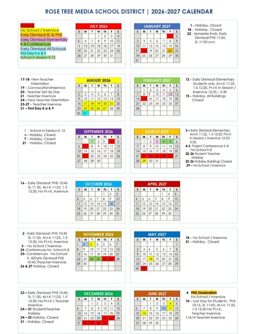 Rose Tree Media School District 2026–2027 Academic Calendar