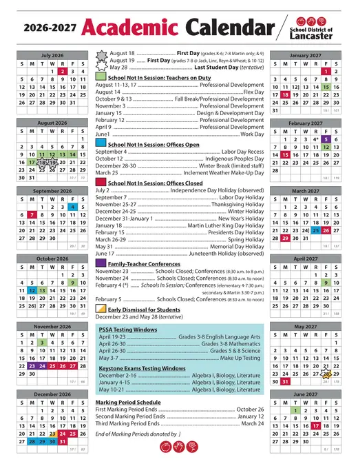 School District of Lancaster 2026–2027 Academic Calendar Page 1