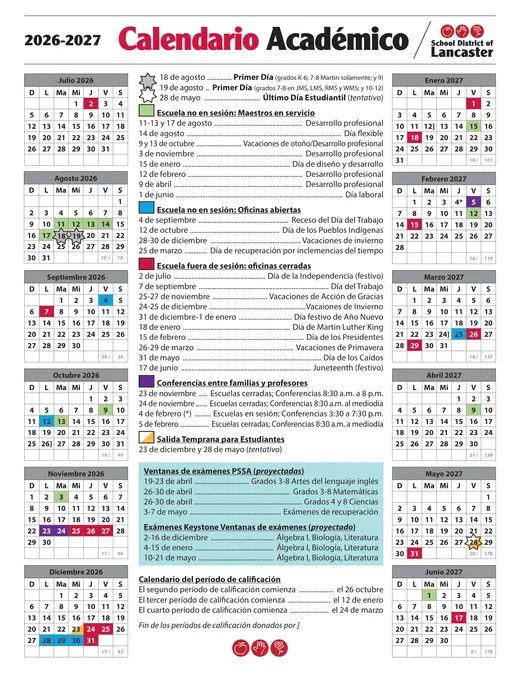School District of Lancaster 2026–2027 Academic Calendar Page 2