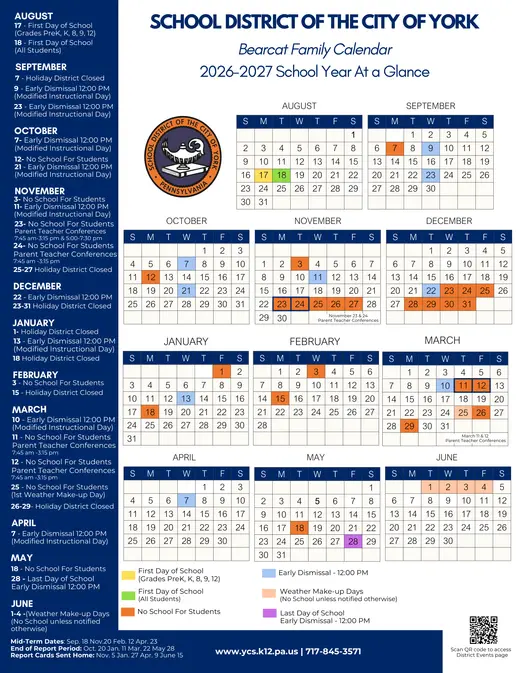 School District of the City of York 2026–2027 Academic Calendar