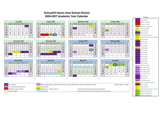Schuylkill Haven Area School District 2026–2027 Academic Calendar