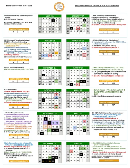 Scranton School District 2026–2027 Academic Calendar Page 1