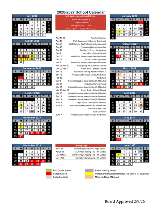 Selinsgrove Area School District 2026–2027 Academic Calendar