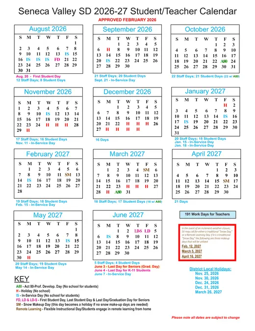 Seneca Valley SD 2026–2027 Academic Calendar