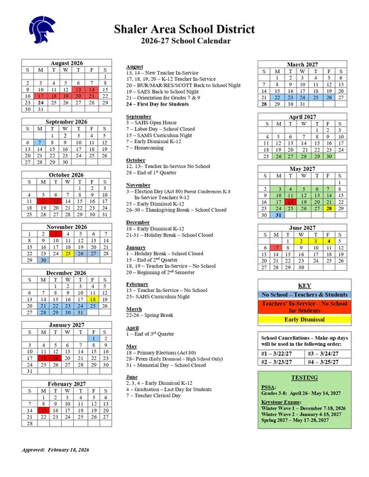 Shaler Area School District 2026–2027 Academic Calendar