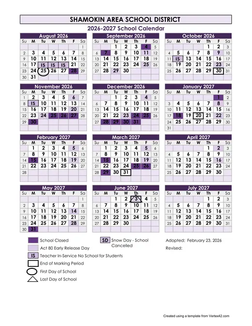Shamokin Area School District 2026–2027 Academic Calendar Page 1