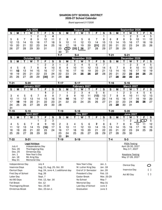 Sharon City School District 2026–2027 Academic Calendar
