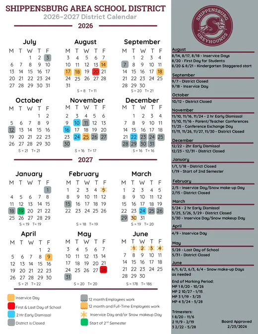 Shippensburg Area School District 2026–2027 Academic Calendar