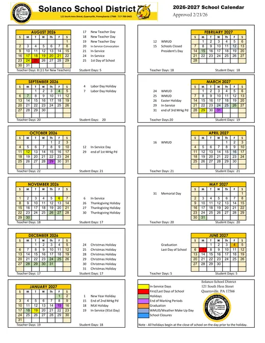 Solanco School District 2026–2027 Academic Calendar Page 1