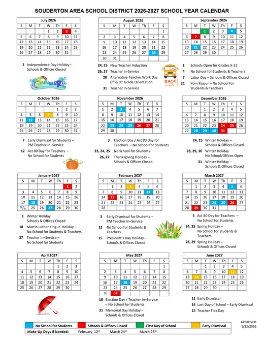 Souderton Area School District 2026–2027 Academic Calendar