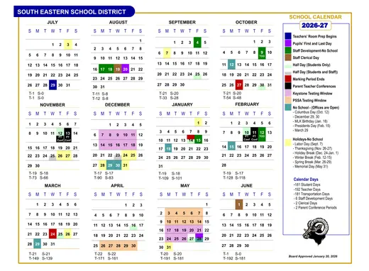 South Eastern School District 2026–2027 Academic Calendar Page 1