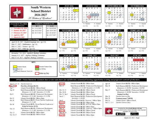 South Western School District 2026–2027 Academic Calendar