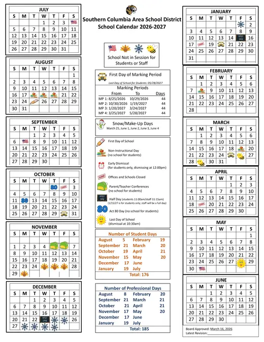 Southern Columbia Area School District 2026–2027 Academic Calendar