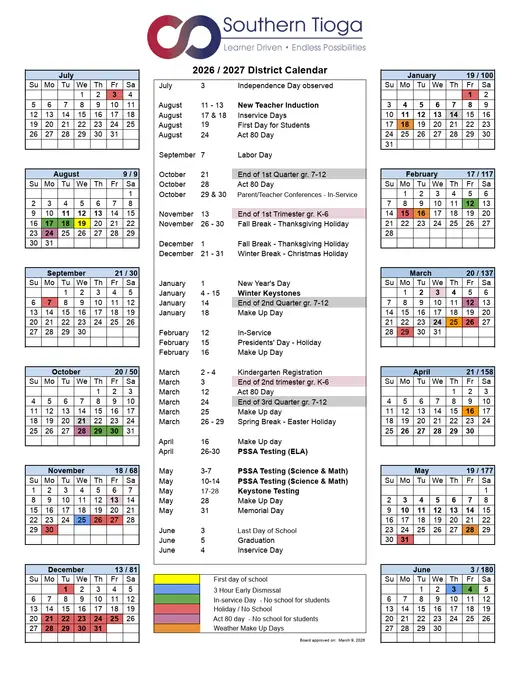 Southern Tioga 2026–2027 Academic Calendar Page 1