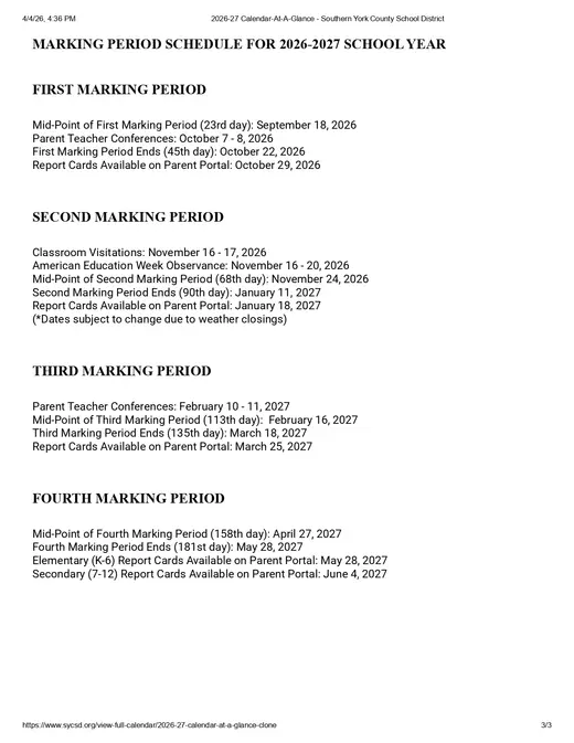 Southern York County School District 2026–2027 Academic Calendar Page 1