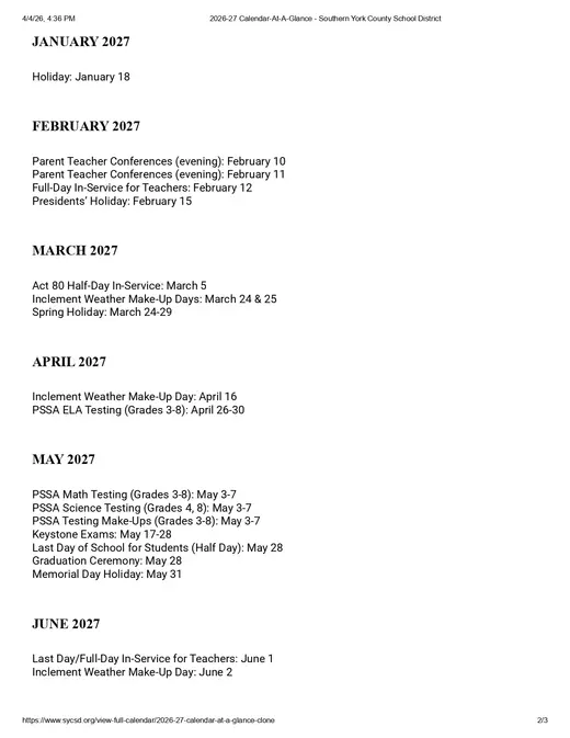 Southern York County School District 2026–2027 Academic Calendar Page 2