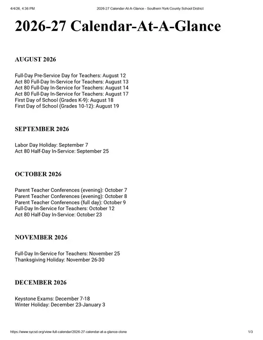 Southern York County School District 2026–2027 Academic Calendar Page 3
