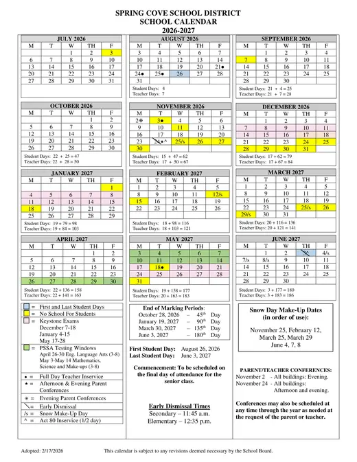 Spring Cove School District 2026–2027 Academic Calendar Page 1