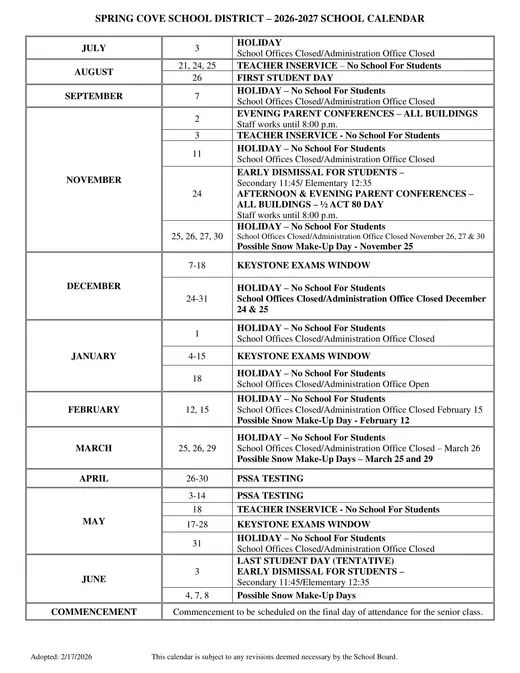 Spring Cove School District 2026–2027 Academic Calendar Page 2