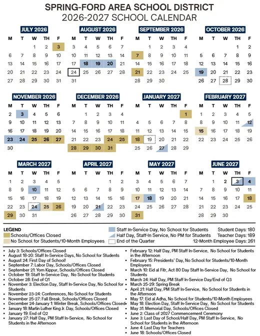 Spring-Ford Area School District 2026–2027 Academic Calendar Page 2
