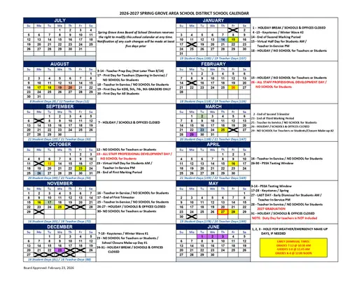 Spring Grove Area School District 2026–2027 Academic Calendar