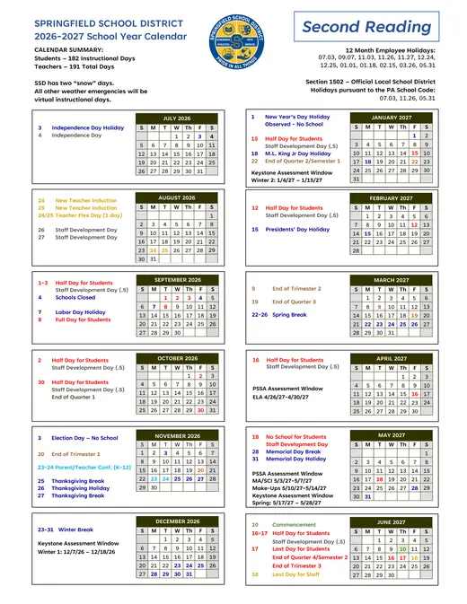 Springfield School District 2026–2027 Academic Calendar