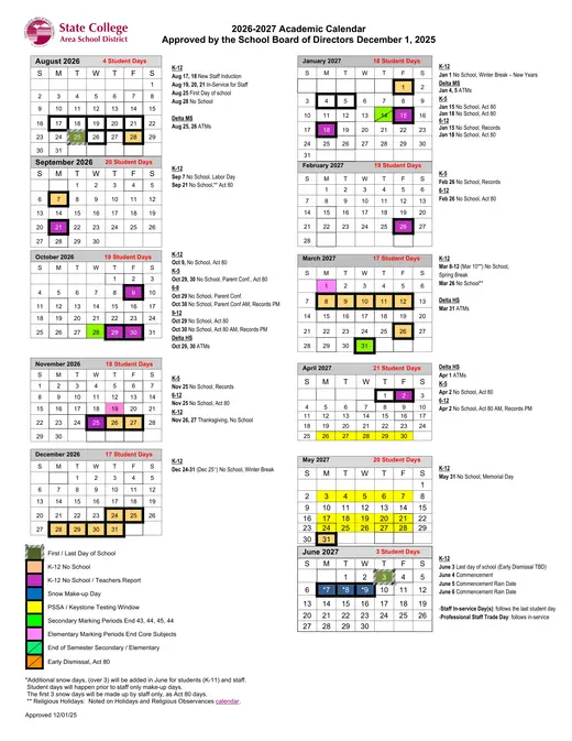 State College Area School District 2026–2027 Academic Calendar