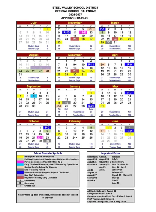 Steel Valley School District 2026–2027 Academic Calendar Page 2
