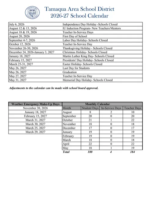 Tamaqua Area School District 2026–2027 Academic Calendar