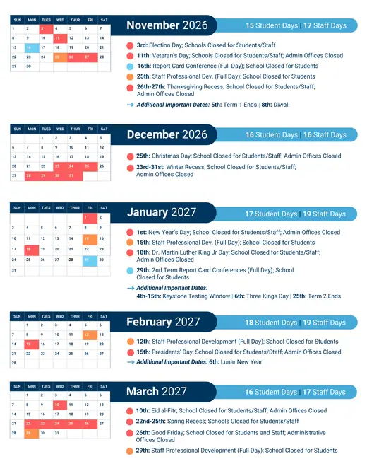 The School District of Philadelphia 2026–2027 Academic Calendar Page 2