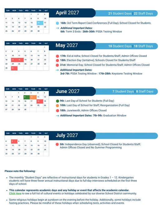The School District of Philadelphia 2026–2027 Academic Calendar Page 3